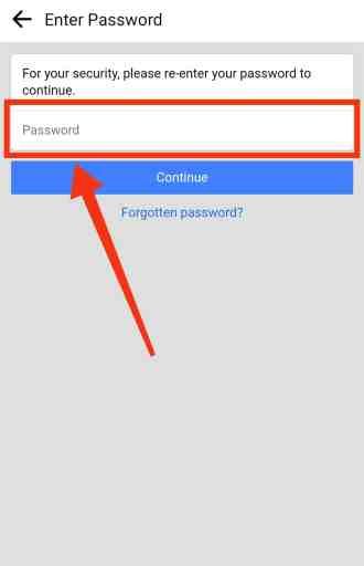 أدخل كلمة المرور الخاصة بك واضغط على زر المتابعة لإلغاء تنشيط facebook مؤقتًا