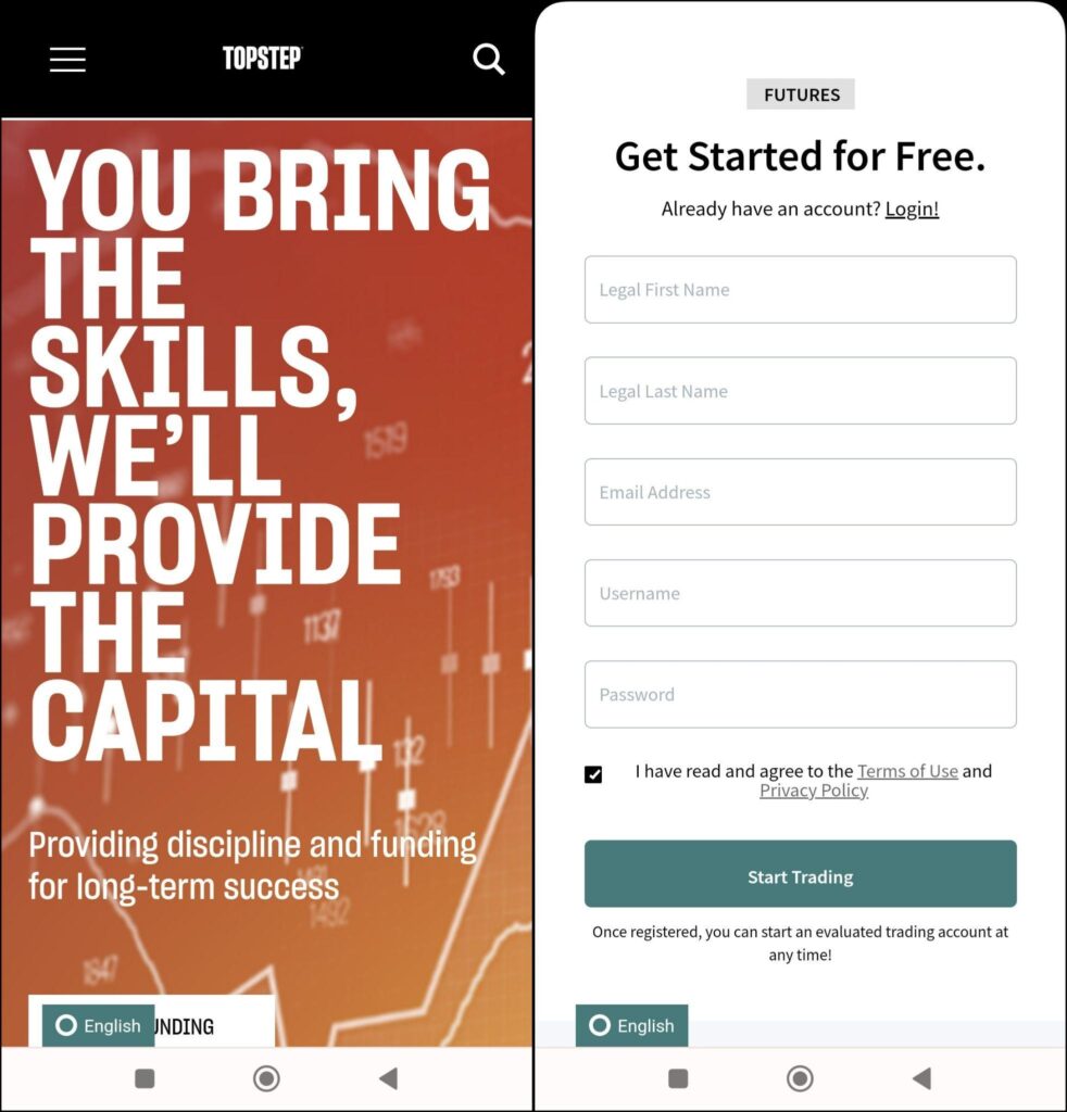 Topstep 로그인 스크린샷