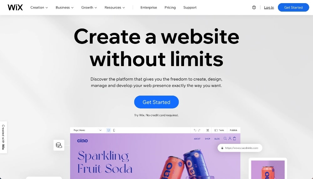 Screenshot der Homepage des Website-Baukastens von wix