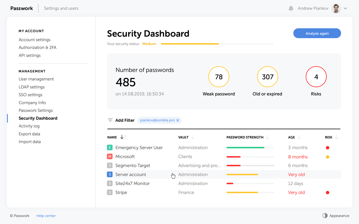 แดชบอร์ดความปลอดภัยของ Passwork
