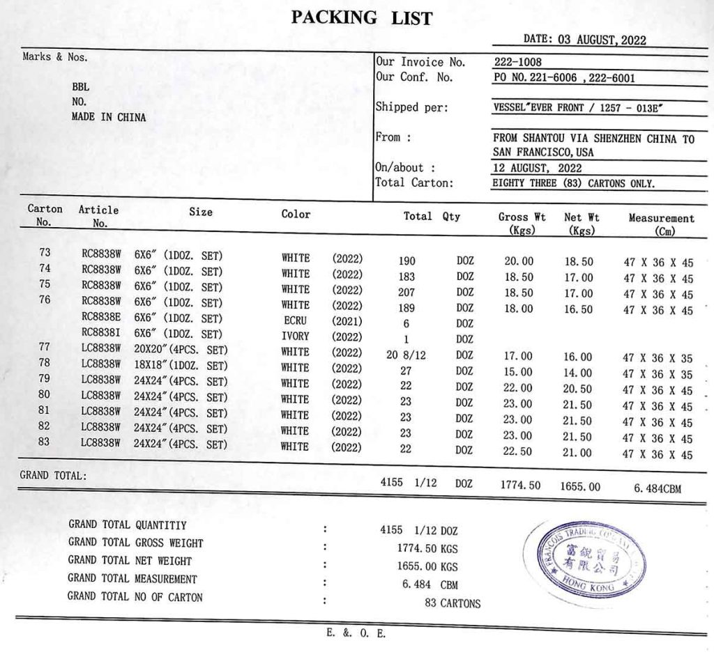 包装内容明細書