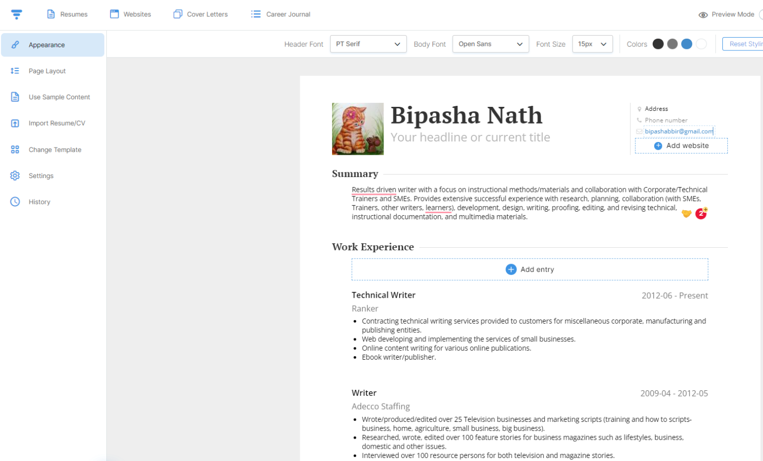 Персонализация студенческого резюме на VisualCV