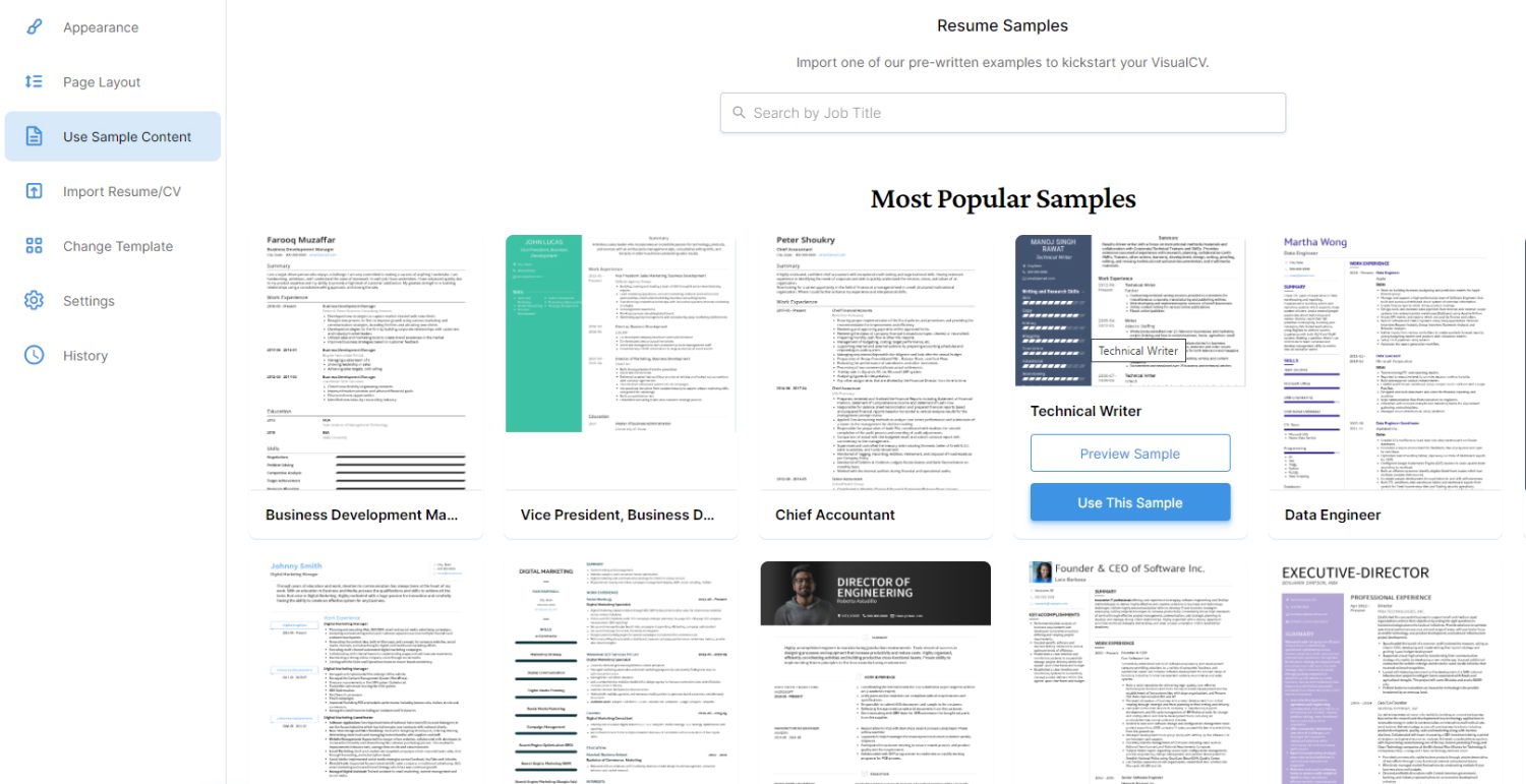 Возобновите примеры, чтобы выбрать роль в VisualCV
