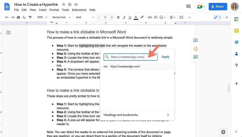 buat hyperlink dalam contoh Google Docs