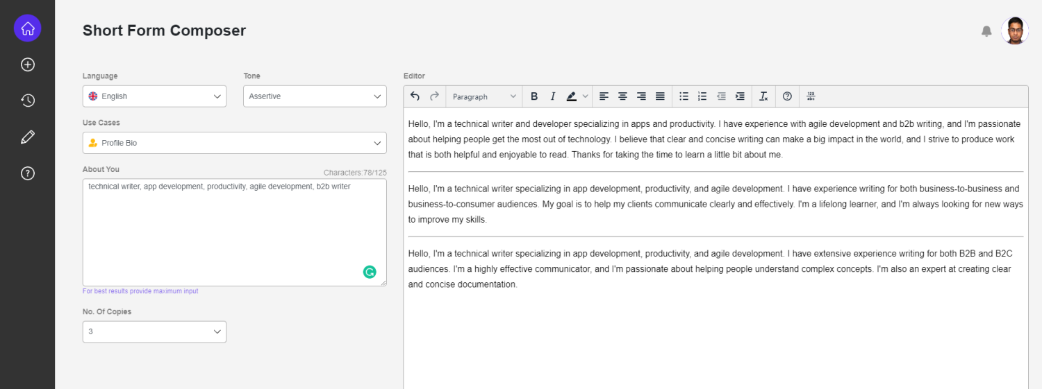 WriteMe profesyonel biyo üreteci