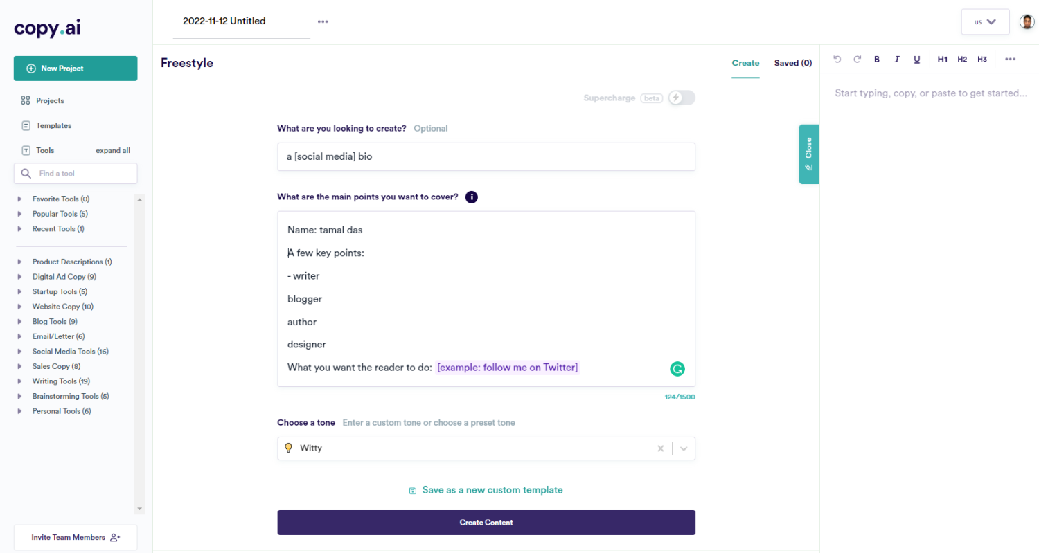 CopyAi profesyonel biyo üreteci