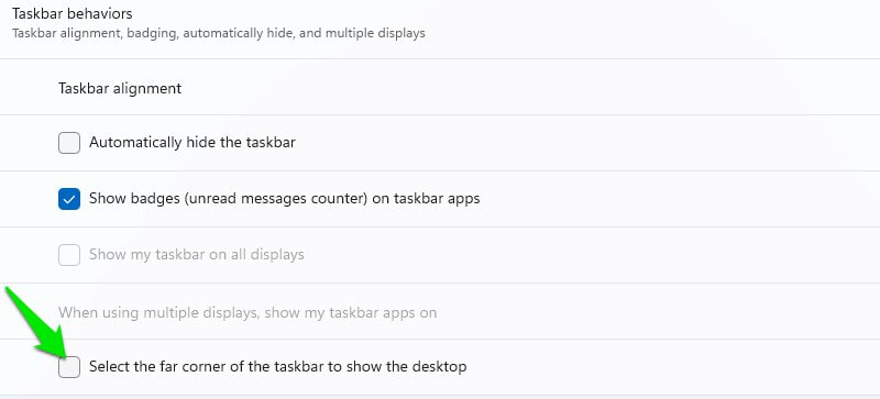 Nonaktifkan Tampilkan tombol desktop di Windows 11