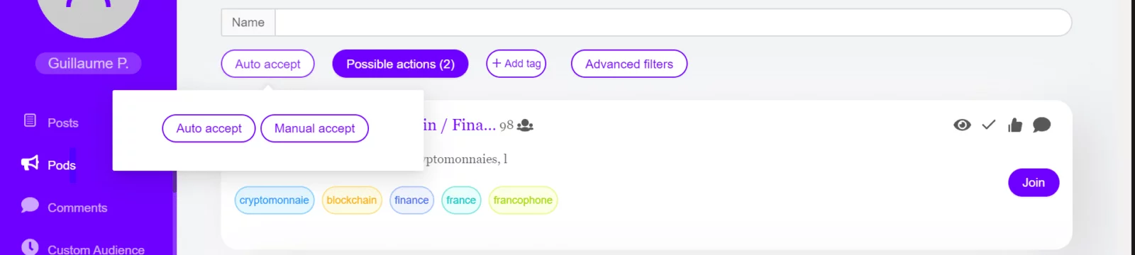 خيار podawaa قبول تلقائي أو قبول يدوي