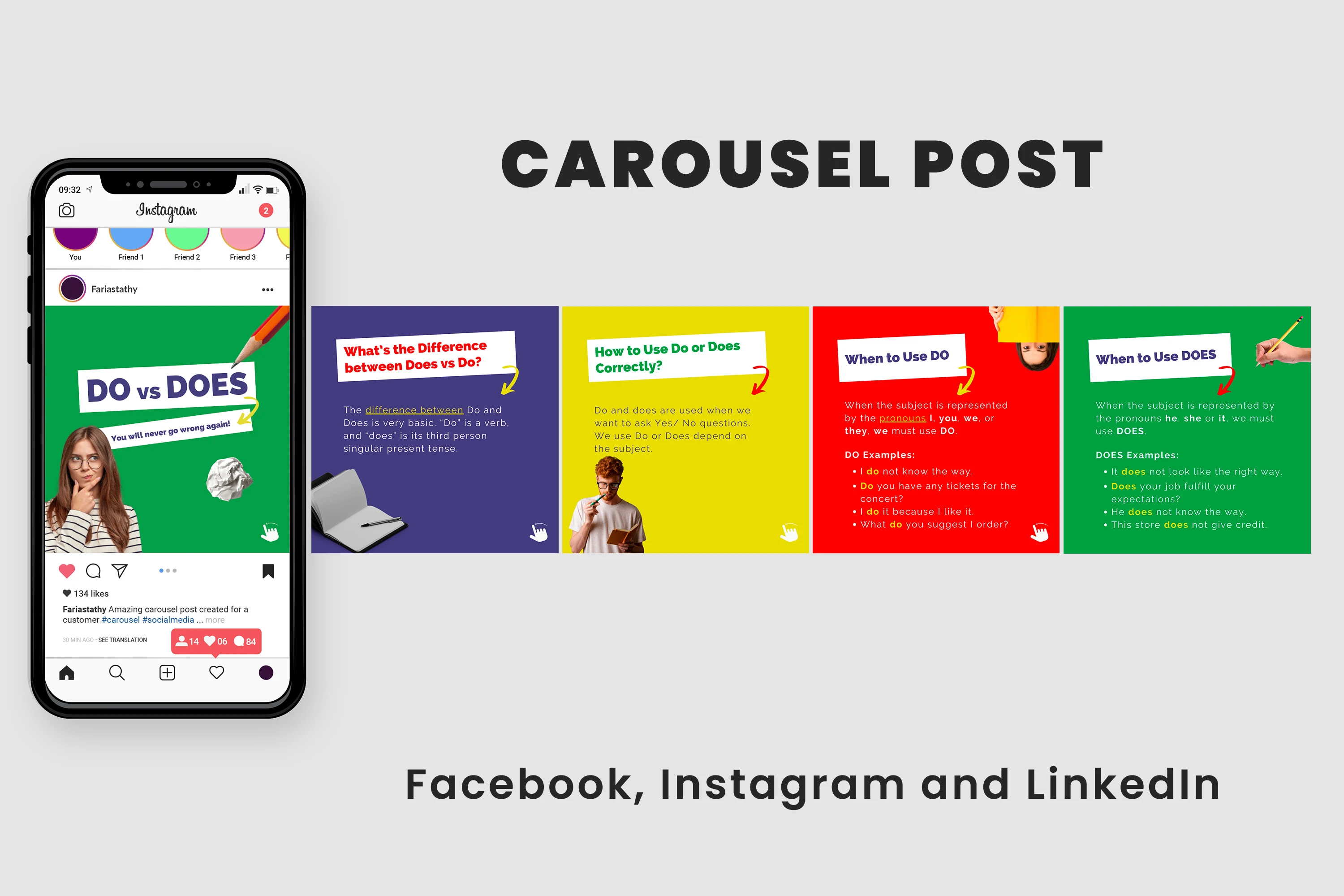 あなたのインスタグラム、フェイスブック、リンクインにカルーセル投稿をしてください。ファイバー