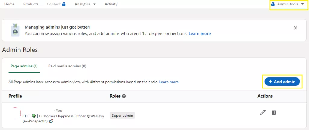 gerenciar admins página linkedin