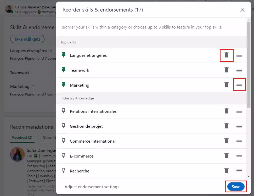 إعادة ترتيب المهارات وكيفية اعتمادها على LinkedIn