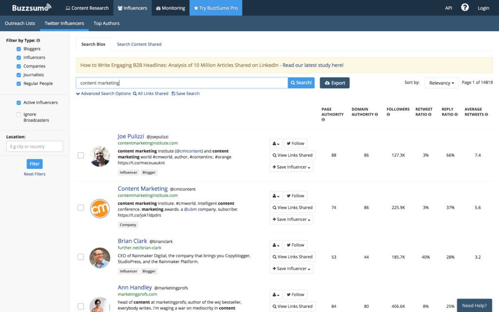 Buzzsumo がオンラインの評判を監視し、インフルエンサーを見つける