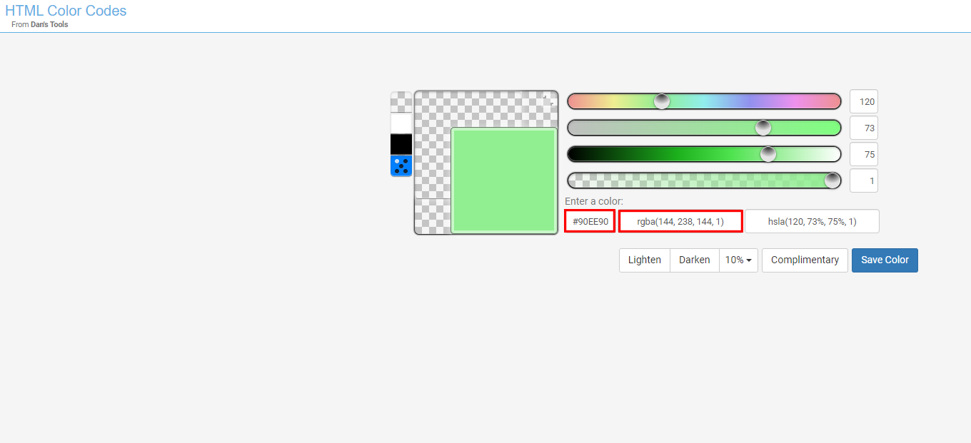 Kody kolorów HTML firmy Dan's Tools
