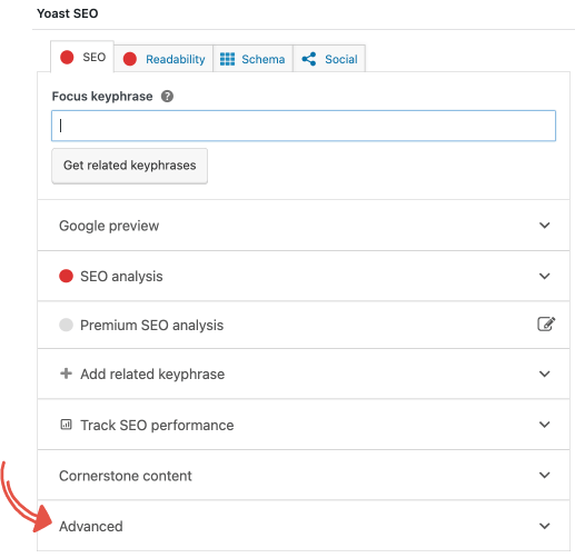 페이지를 색인화하지 않으려면 yoast seo 플러그인에서 '고급'을 선택하세요.