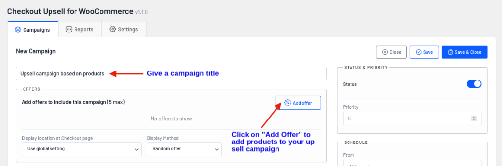 configurar ofertas para campanha de upsell