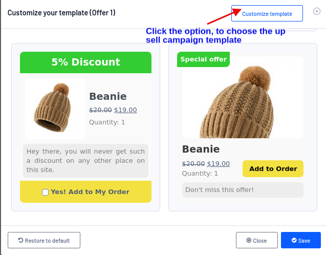 escolha o modelo de campanha de upsell