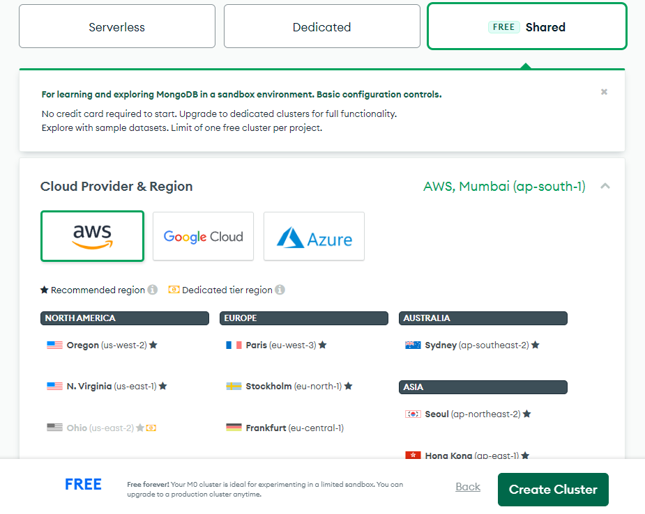 Создать кластер на MongoDB