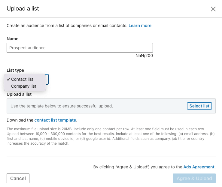 Zrzut ekranu przedstawiający dwie opcje retargetowania odbiorców, listę kontaktów lub listę firm.