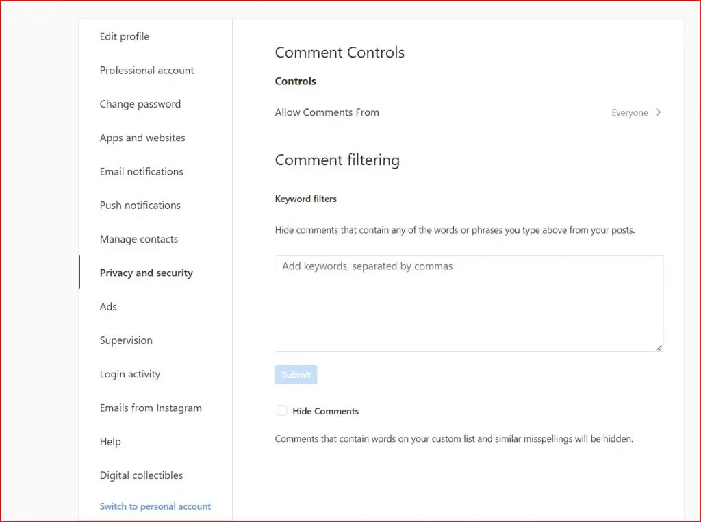 ustawienia komentarzy