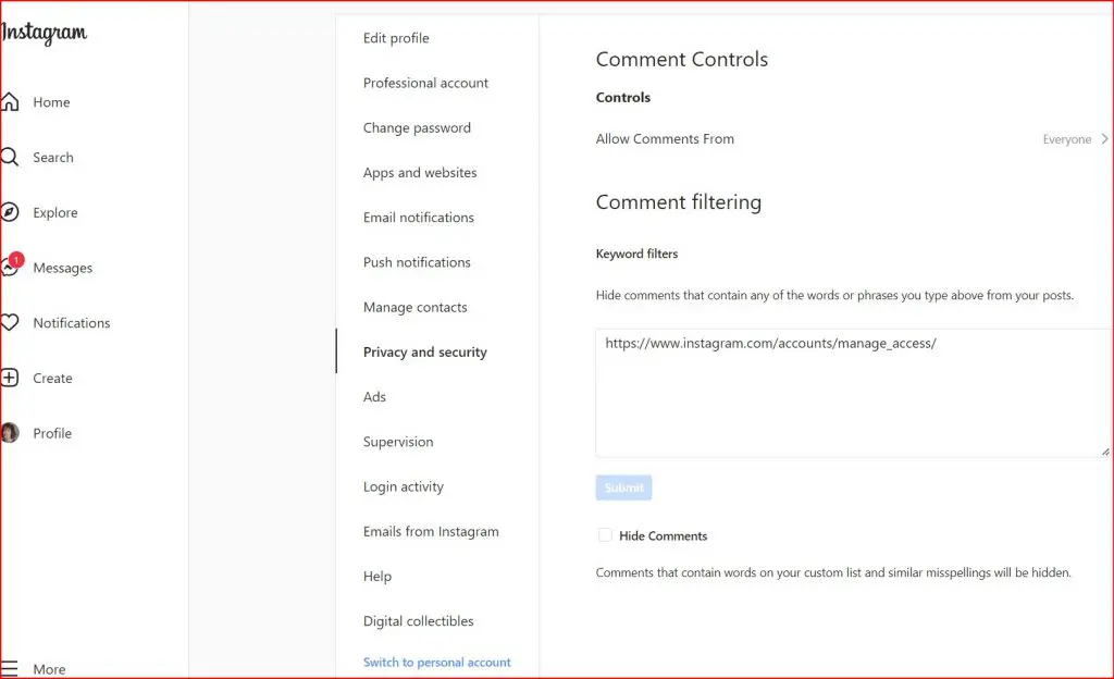 filtrowanie komentarzy spamowych na Instagramie