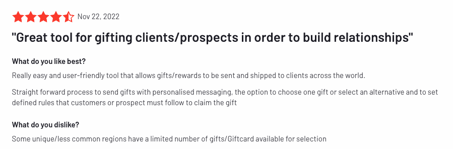 星 4.8 のレビュー: 関係を構築するためにクライアントや見込み客にギフトを贈るのに最適なツール (G2 に投稿)