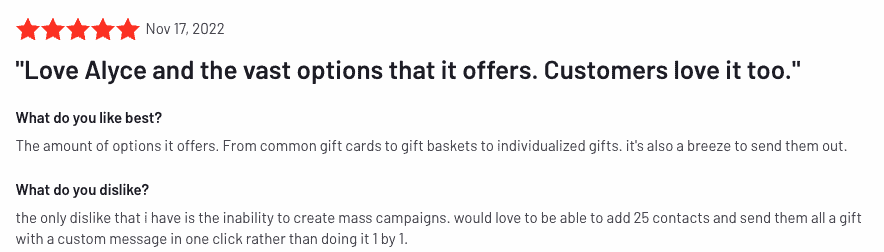 5 つ星のレビュー: アリスとそれが提供する膨大なオプションが大好きです。顧客もそれを気に入っています。 (G2に投稿)