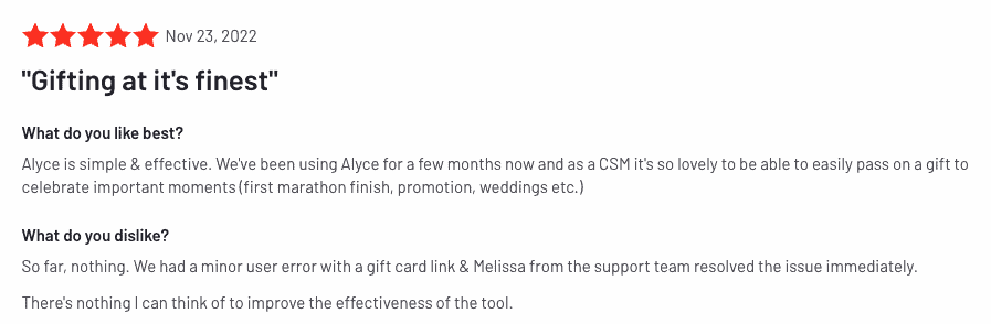 5 つ星のレビュー: 最高の企業ギフト (G2 に投稿)