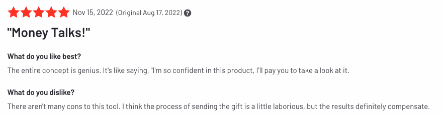 5 つ星のレビュー: Money Talks! (G2に投稿)