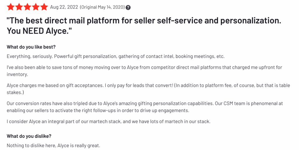 ダイレクト メール プラットフォームのレビュー: Alyce は最高のダイレクト メール プラットフォームです