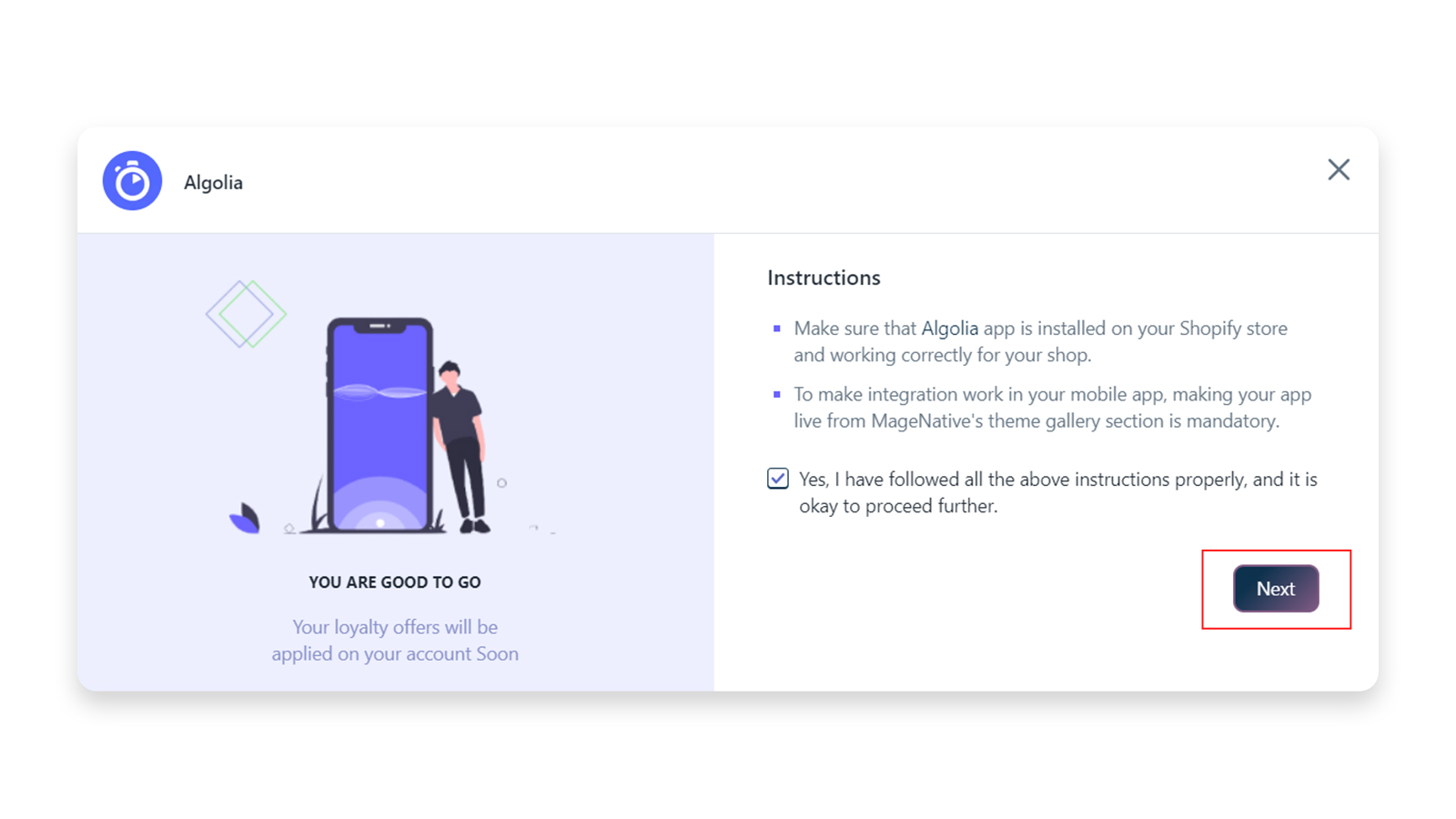 Интеграция с Алголией Далее Read Instructions-Checkbox