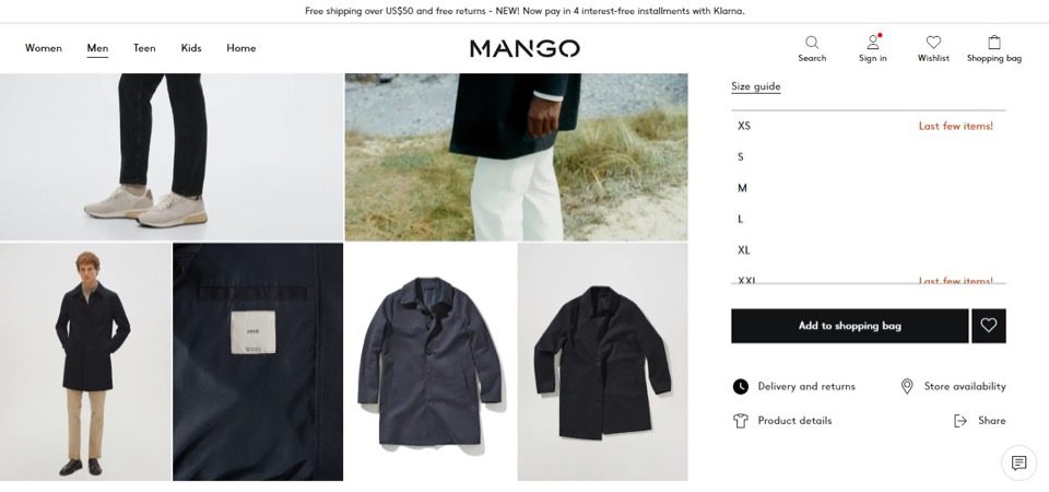 Captura de pantalla de la tienda online de Mango mostrando una chaqueta a la venta