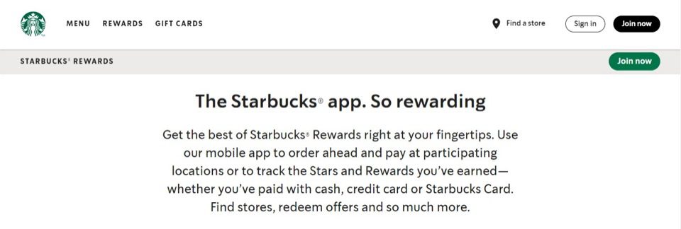 Captura de pantalla de la página de inicio de Starbucks Rewards