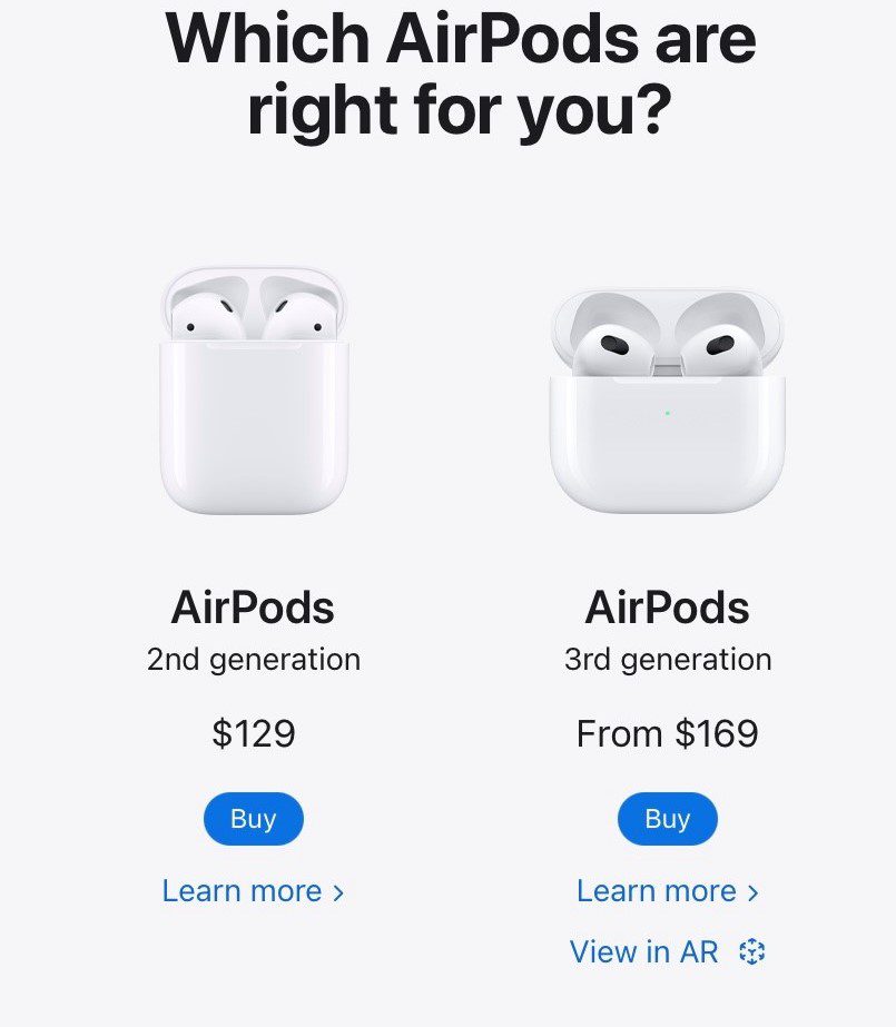 Captura de pantalla de la página de Apple AirPods que muestra diferentes AirPods disponibles