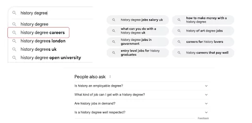 谷歌上的历史学位关键字建议 history degree keyword suggest on google