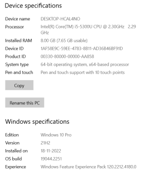 Specifiche del dispositivo Windows 10 per controllare la versione della finestra
