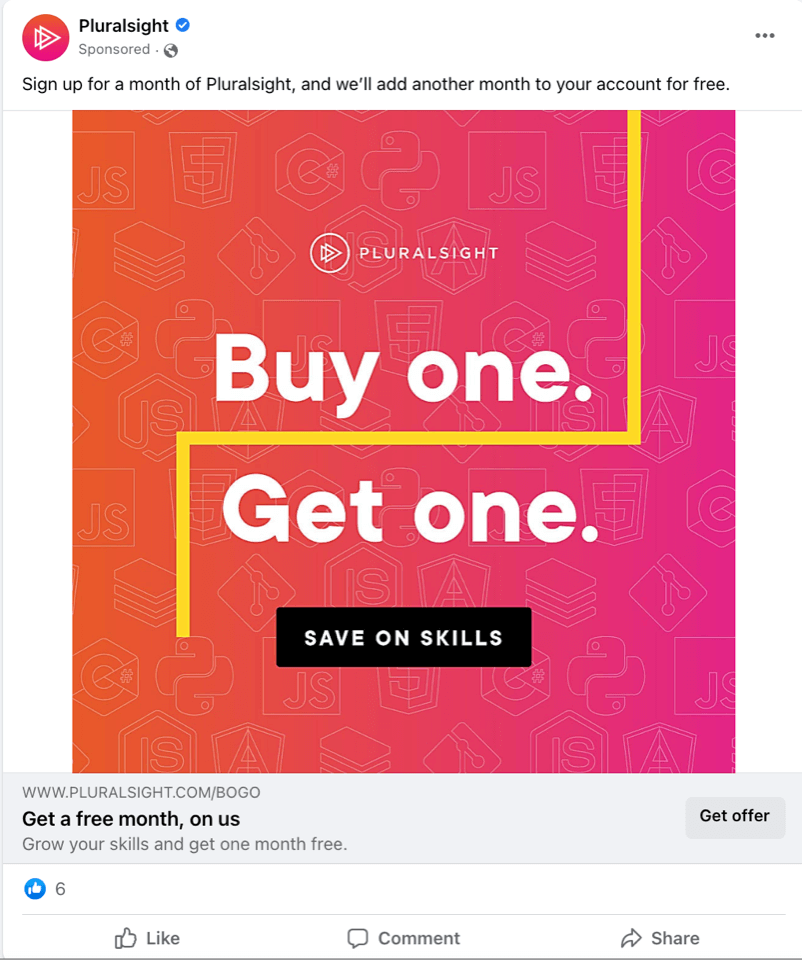 إعلان تجديد النشاط التسويقي على Facebook من PluralSight