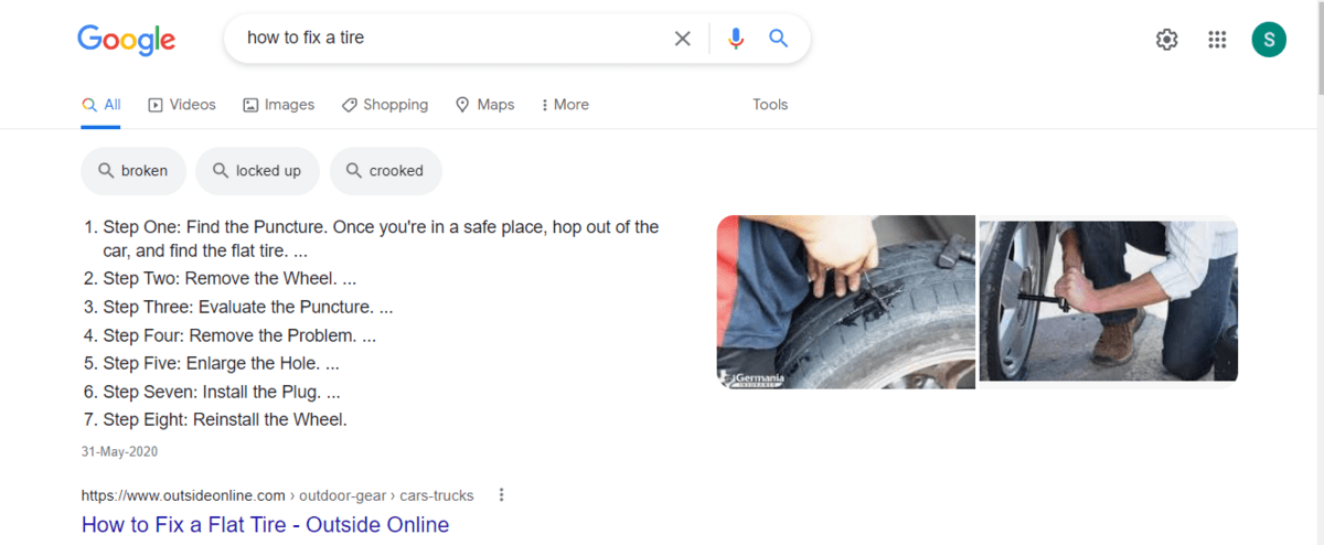 타이어 수리 방법에 대한 Google 검색 결과