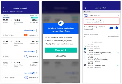 trainline-App-Bildschirm und rotes Kästchen, in dem Benutzer melden, ob es beschäftigt ist