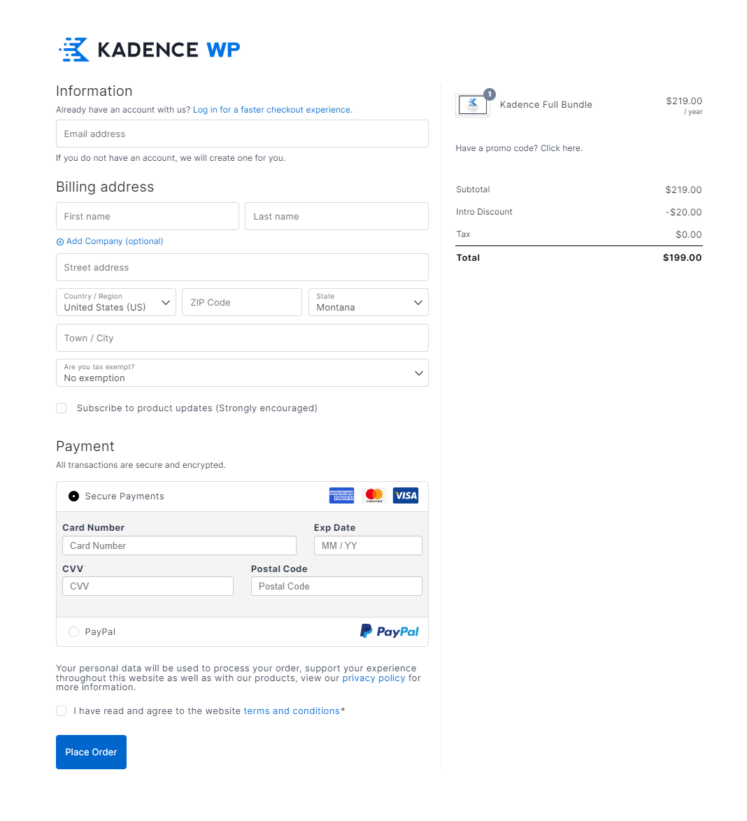 kadence full bundle checkout page