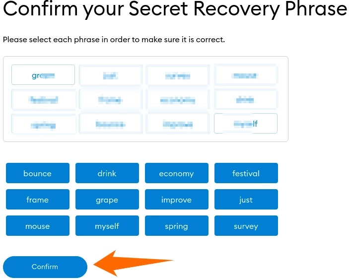 frase de recuperação secreta completa