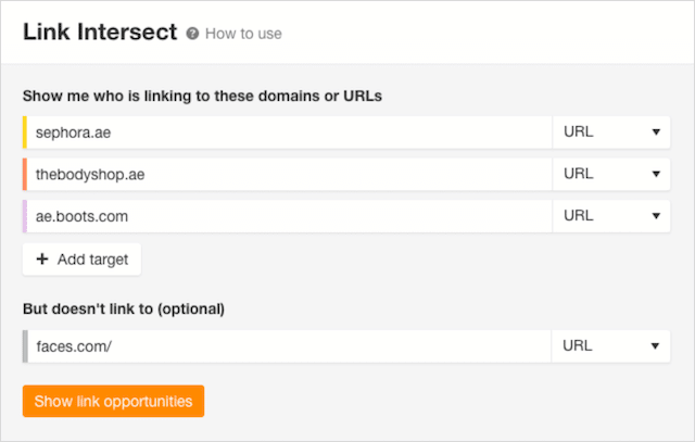 Intersecção de links Ahrefs