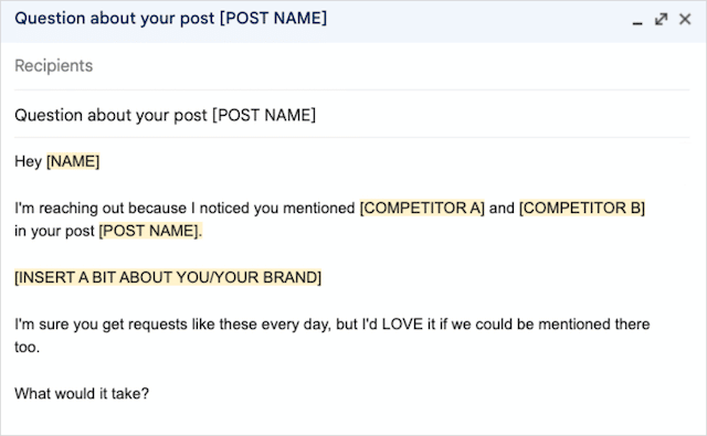 Modelo de e-mail de link building do concorrente