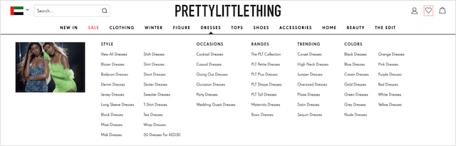 Menu de comércio eletrônico