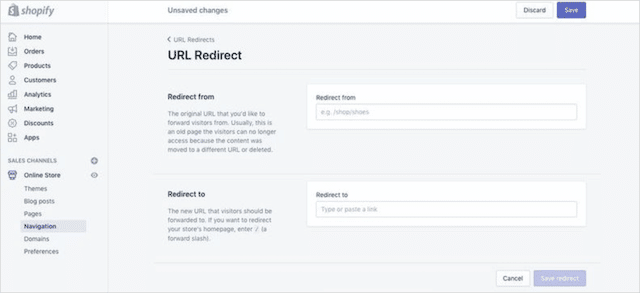 Redirecionamento da Shopify