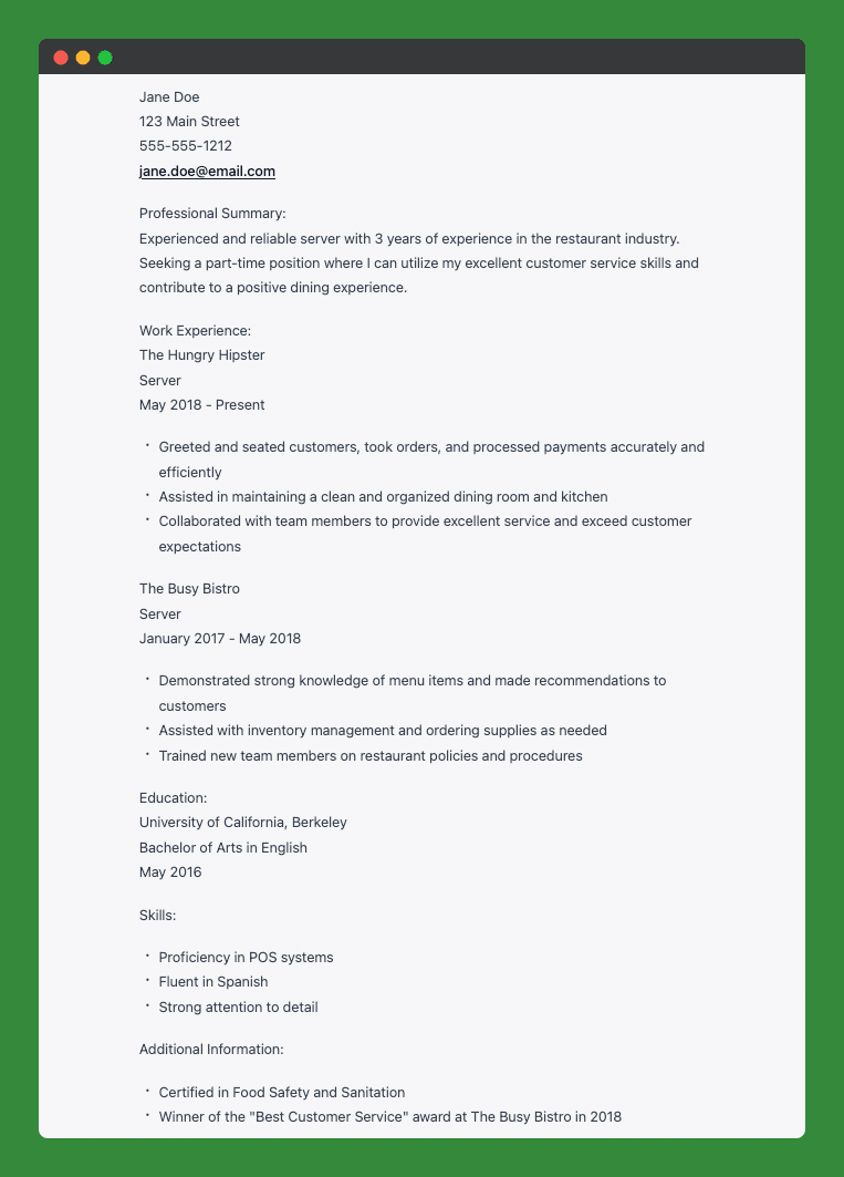 ChatGPT作成のアルバイト履歴書