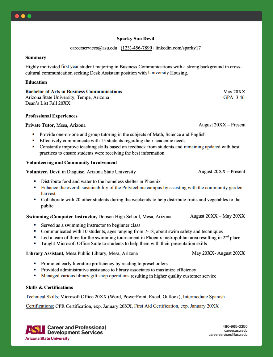 経験のない学生の履歴書は、アルバイトを求めています - ASU