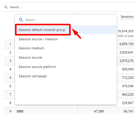 セッションのデフォルト チャネル グループ