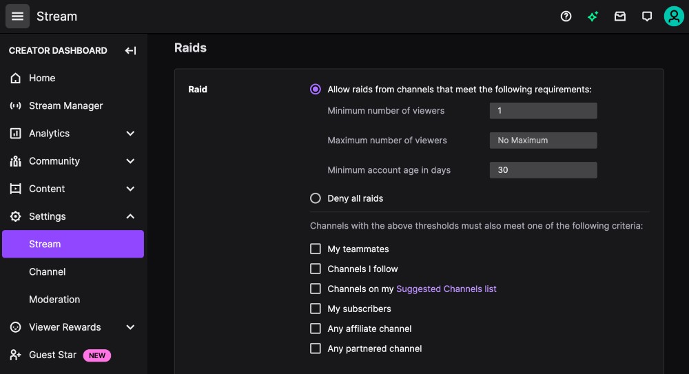 Configurações de invasões de canal do Twitch