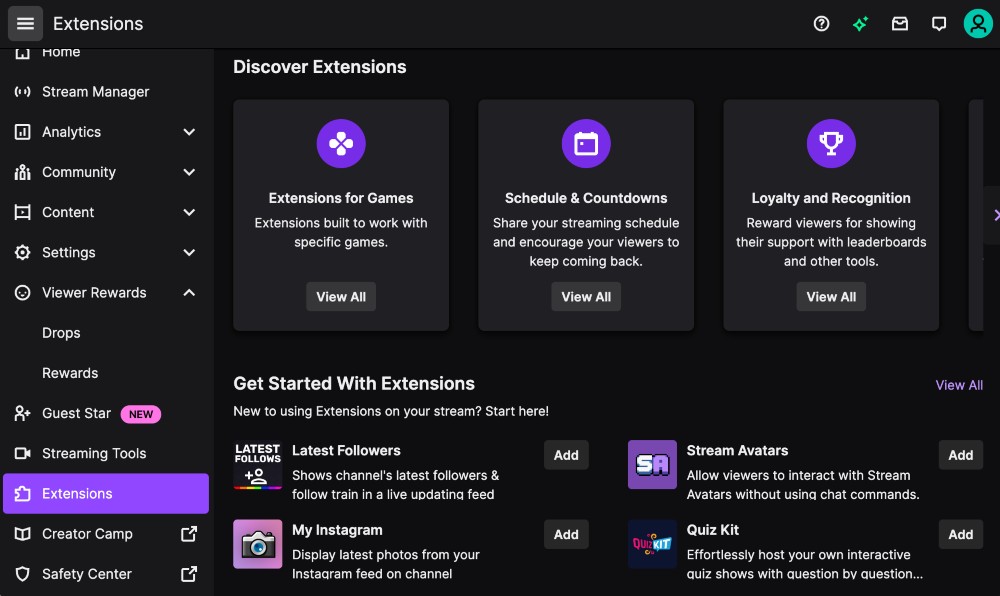 Extensões e ferramentas do Twitch