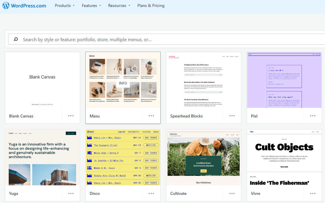 Cuplikan layar menunjukkan pilihan template yang tersedia di WordPress